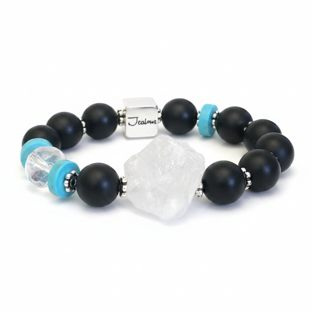 JealouzJewelry Sterling Silver Matte Black Onyx Turquoise Quartz Nugget 12mm Gemstone Beaded Bracelet