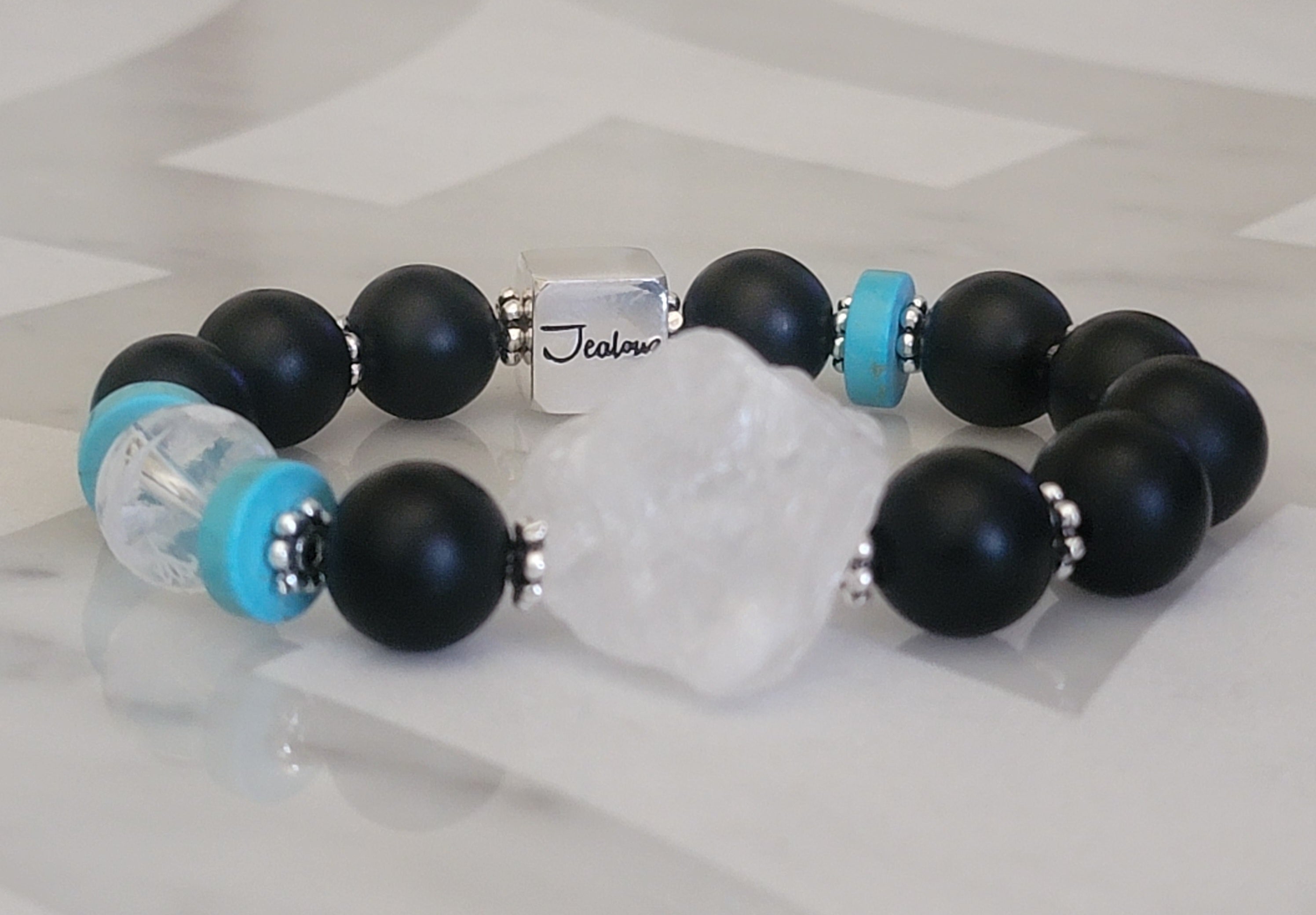 JealouzJewelry Sterling Silver Matte Black Onyx Turquoise Quartz Nugget 12mm Gemstone Beaded Bracelet