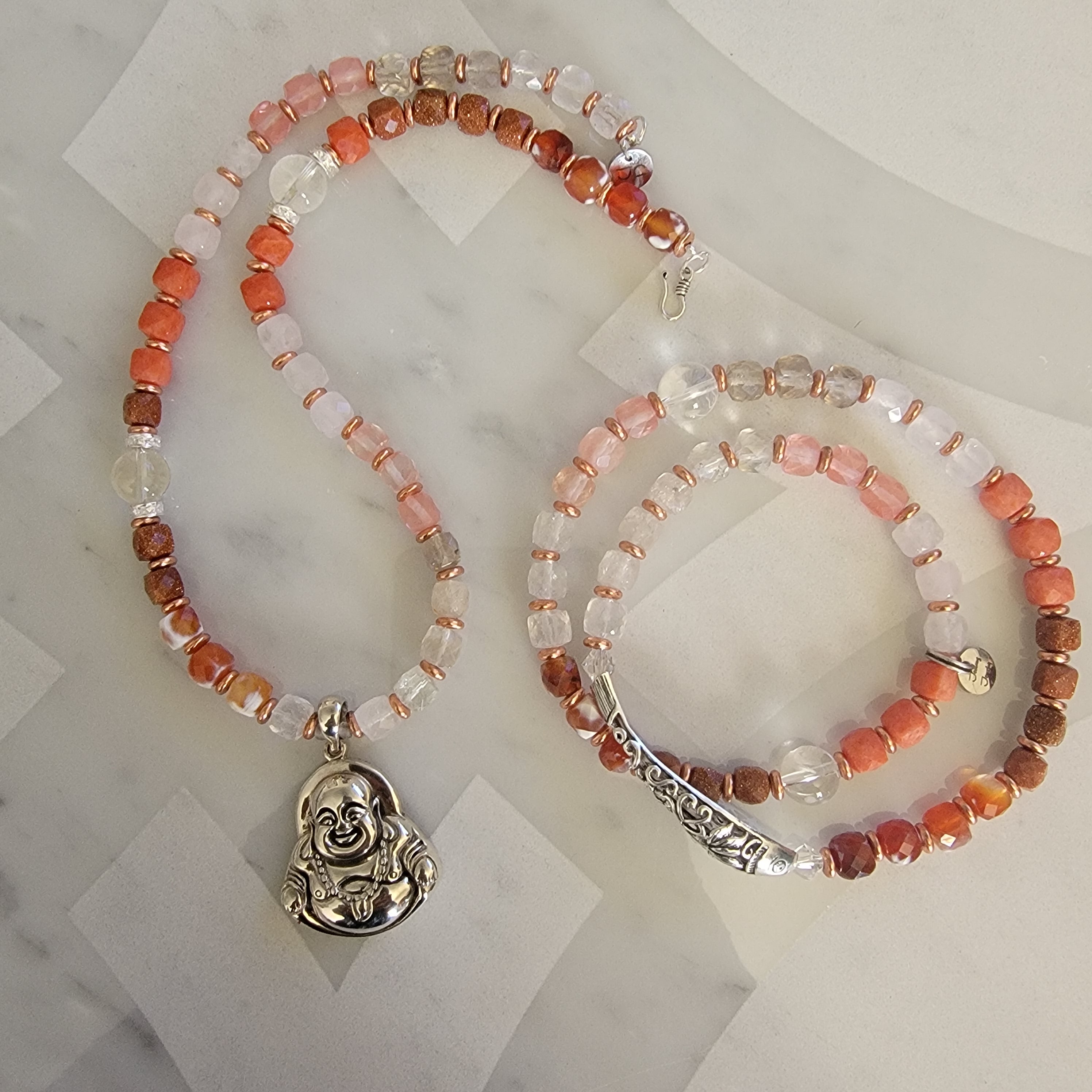 Sterling Silver Lucky Laughing Buddha 6-7mm 17inch Gradient Orange Gemstone Beaded Necklace & Loose Fit Koi Bracelet