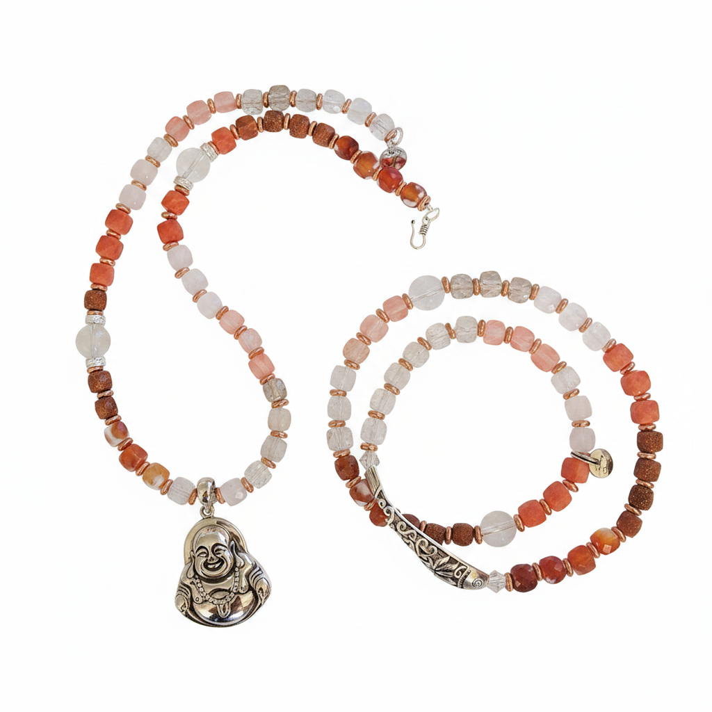 Sterling Silver Lucky Laughing Buddha 6-7mm 17inch Gradient Orange Gemstone Beaded Necklace & Loose Fit Koi Bracelet