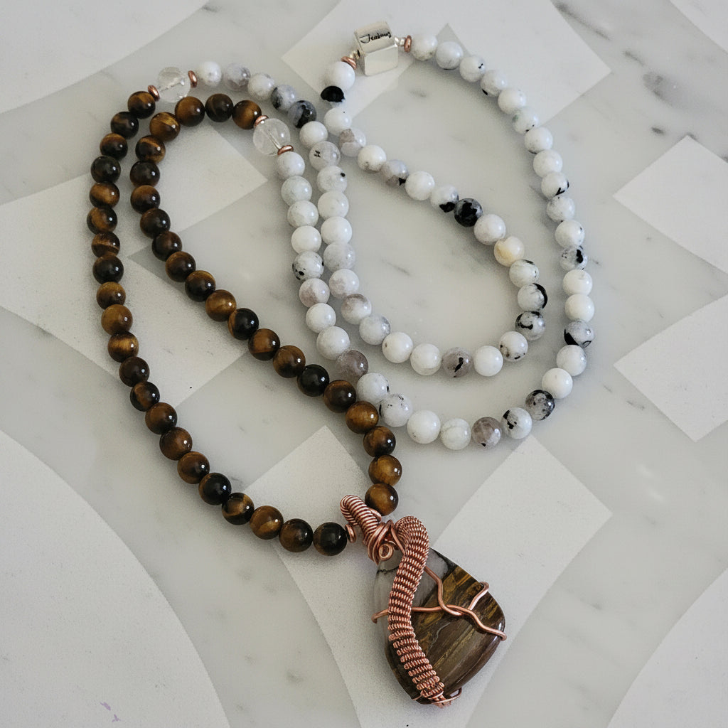 Sterling Silver 8mm Tiger Eye  Moonstone Gemstone Beaded Mantra Mala Necklace & Copper Wire Wrap Pendant