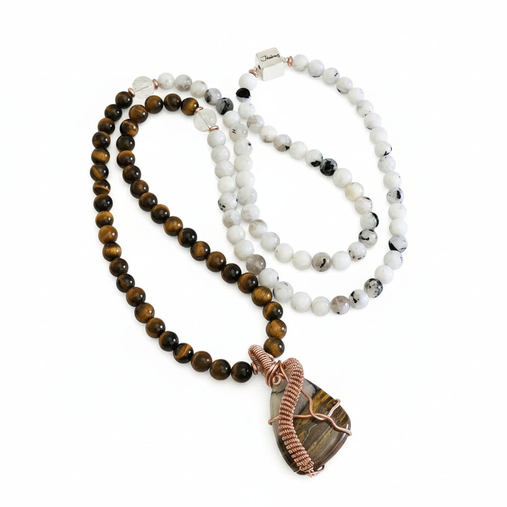 Sterling Silver 8mm Tiger Eye  Moonstone Gemstone Beaded Mantra Mala Necklace & Copper Wire Wrap Pendant