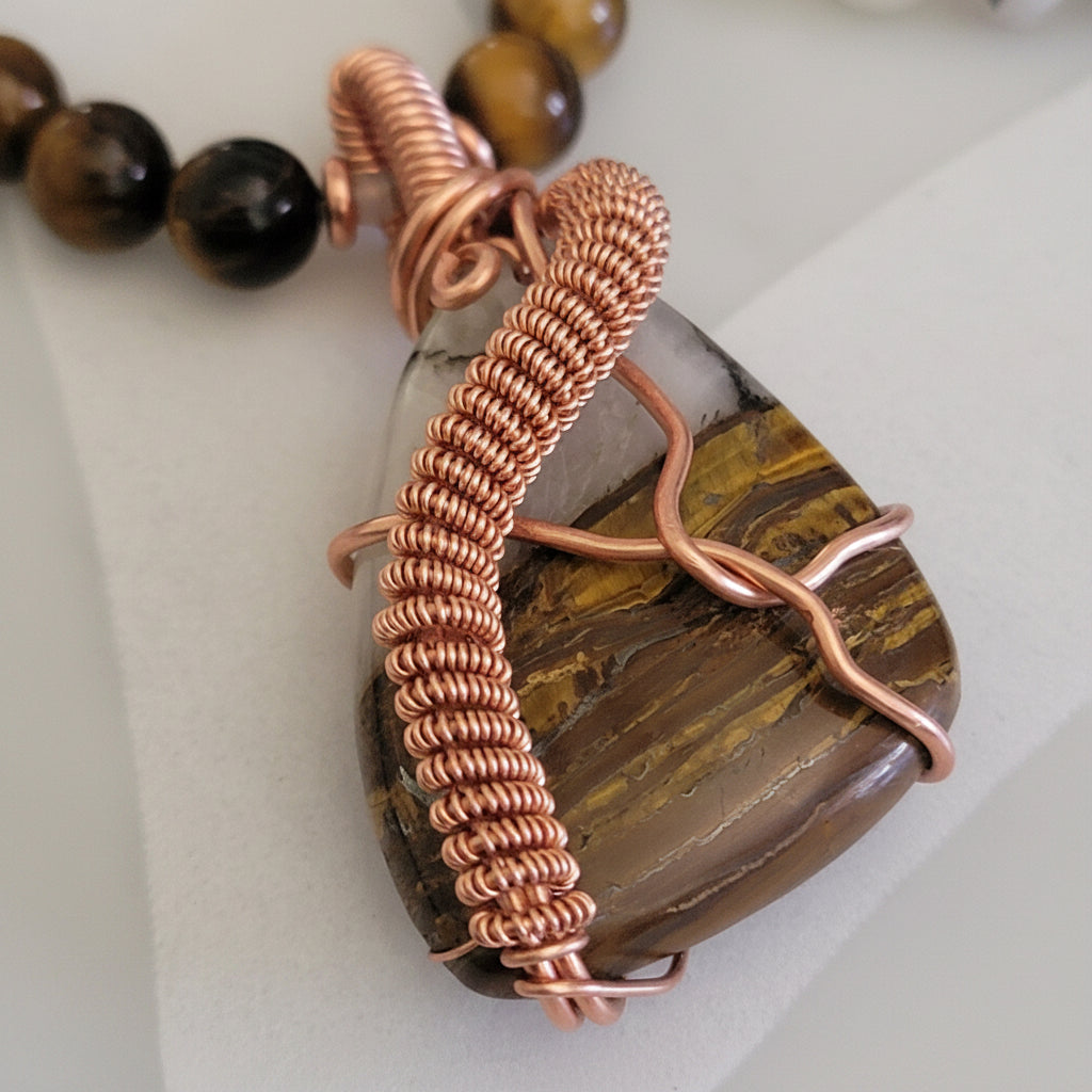 Sterling Silver 8mm Tiger Eye  Moonstone Gemstone Beaded Mantra Mala Necklace & Copper Wire Wrap Pendant