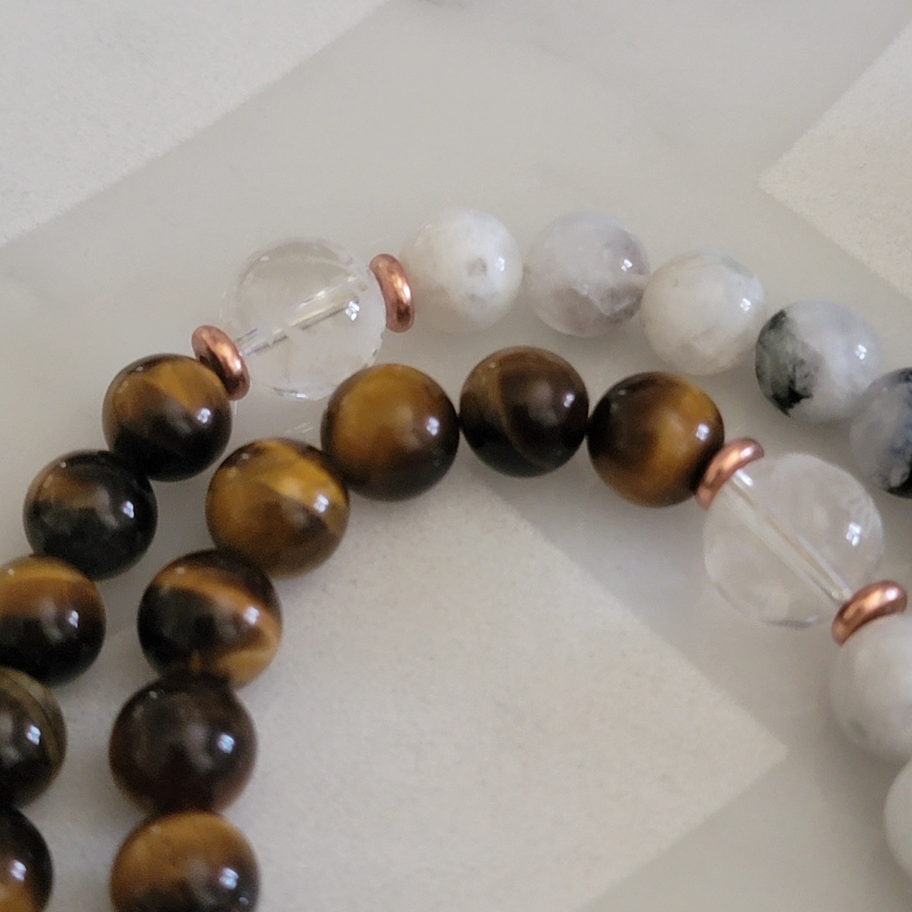 Sterling Silver 8mm Tiger Eye  Moonstone Gemstone Beaded Mantra Mala Necklace & Copper Wire Wrap Pendant