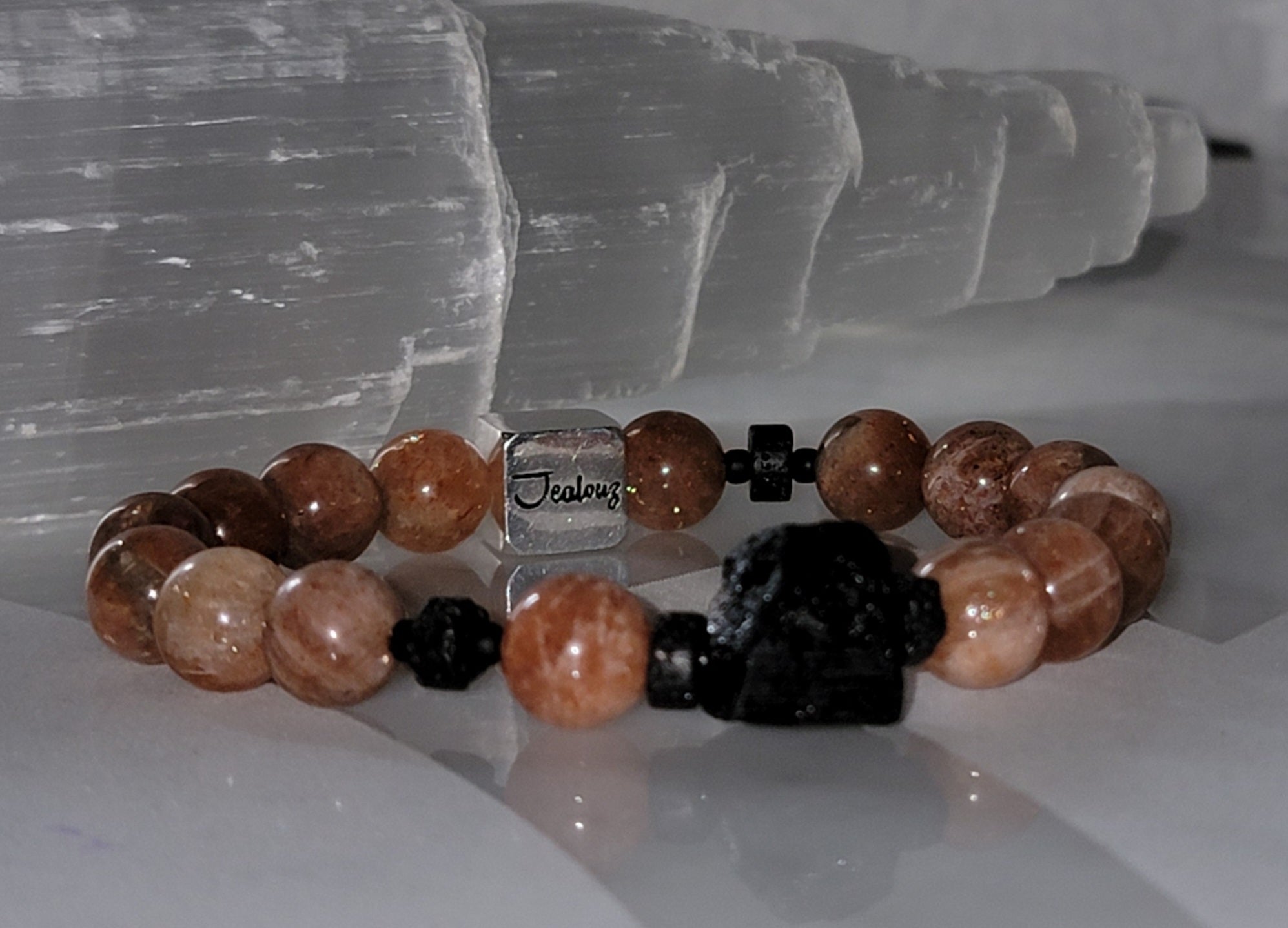 JealouzJewelry Sterling Silver Sunstone Black Tourmaline Lava 10mm Gemstone 7inch Beaded Bracelet