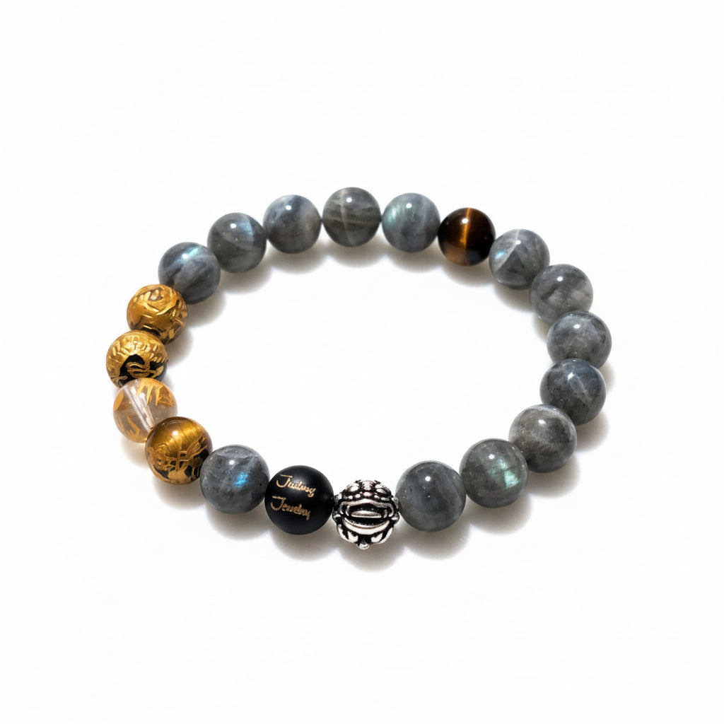 Classic Lucky Pixiu Dragon Labradorite & Tiger Eye 10mm Gemstone Sterling Silver Beaded 7inch Bracelet