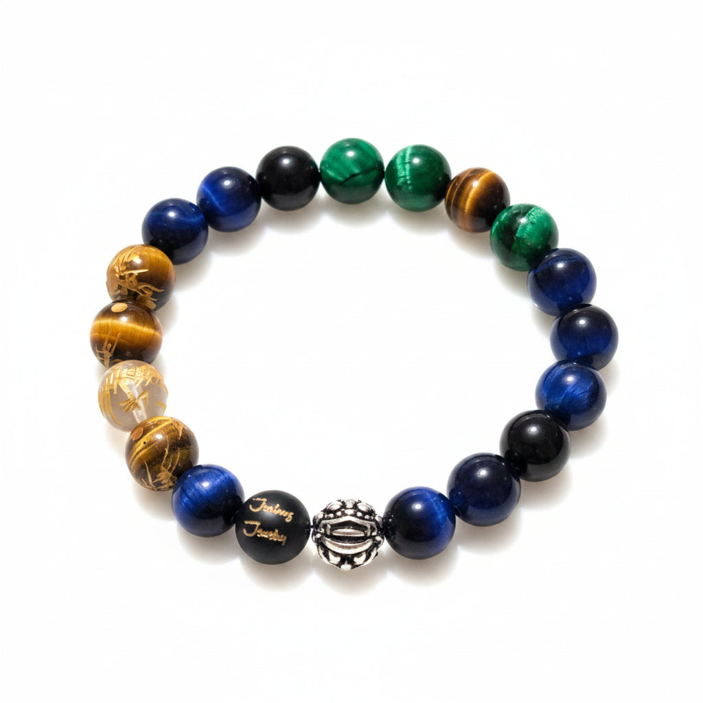 Classic Lucky Pixiu Dragon Blue Enerald Green & Tiger Eye 10mm Gemstone Sterling Silver Beaded 7inch Bracelet