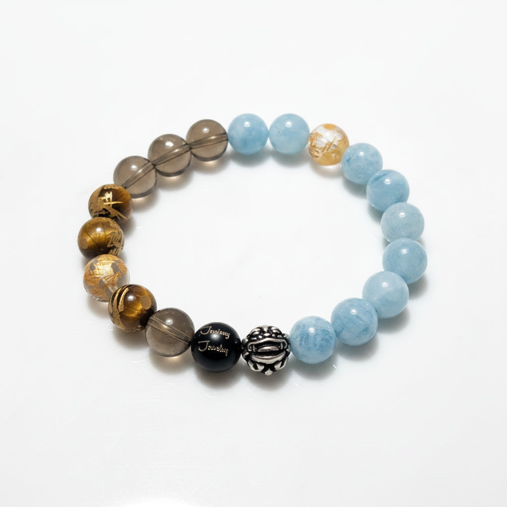 Classic Lucky Pixiu Dragon Ice Blue Aquamarine & Smokey Quartz Tiger Eye 10mm Gemstone Sterling Silver Beaded 7inch Bracelet