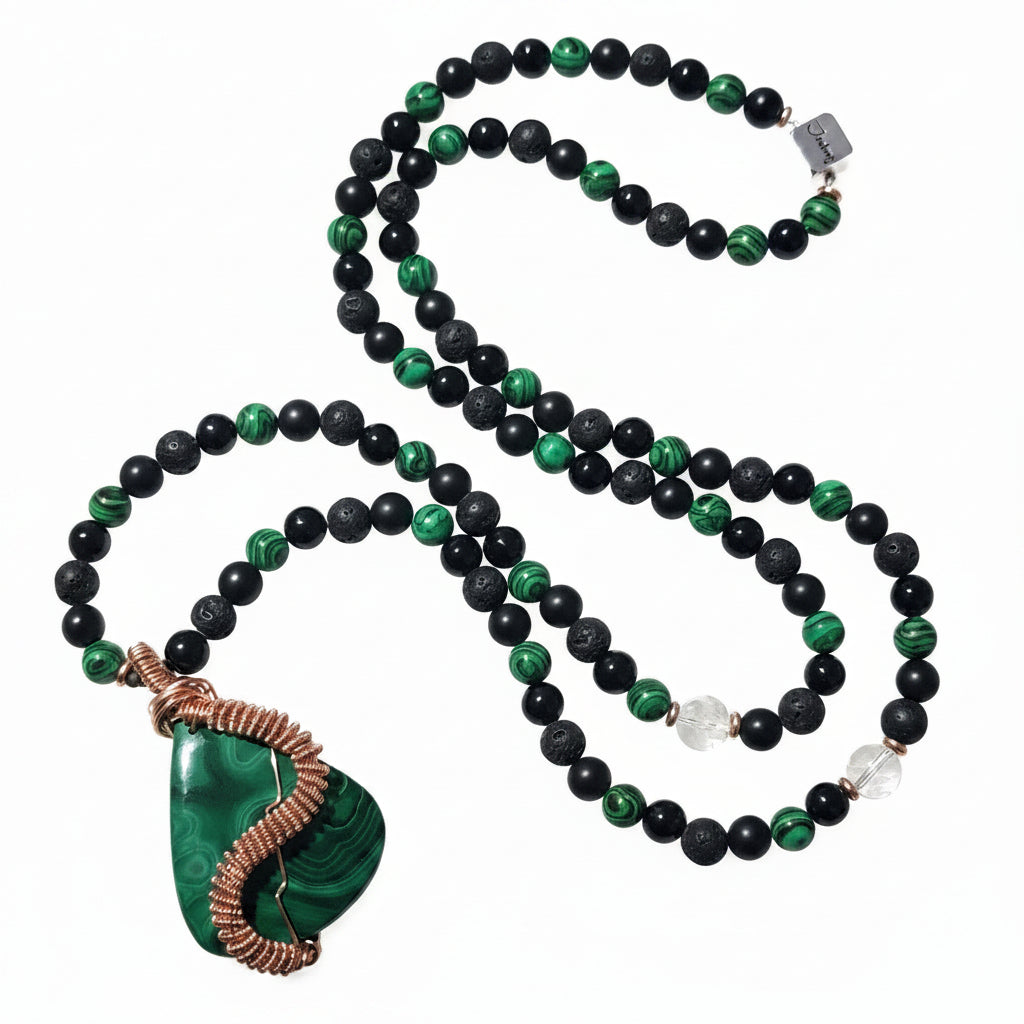 JealouzJewelry One of a Kind Sterling Silver Lucky 8mm Malachite Onyx Lava Stone Healing Mala Necklace with Wire Wrap Copper Pendant