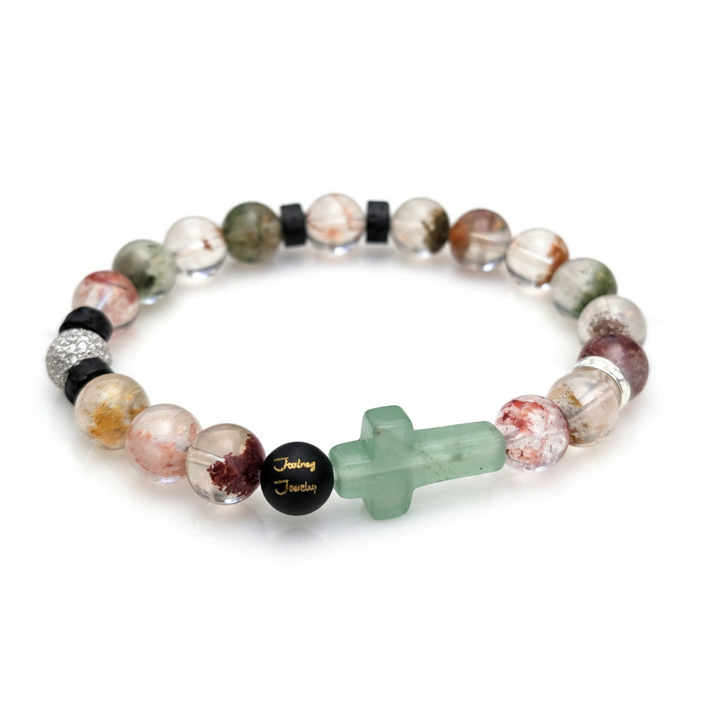 JealouzJewelry Sterling Silver Adventurine Cross Ghost Phantom Black Lava Lucky Gemstone 9mm Beaded 7inch Bracelet