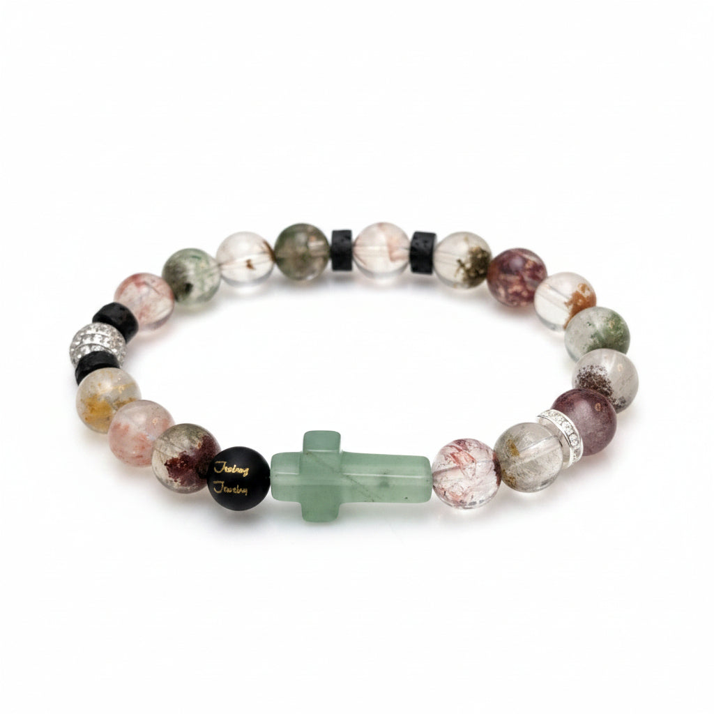 JealouzJewelry Sterling Silver Adventurine Cross Ghost Phantom Black Lava Lucky Gemstone 9mm Beaded 7inch Bracelet