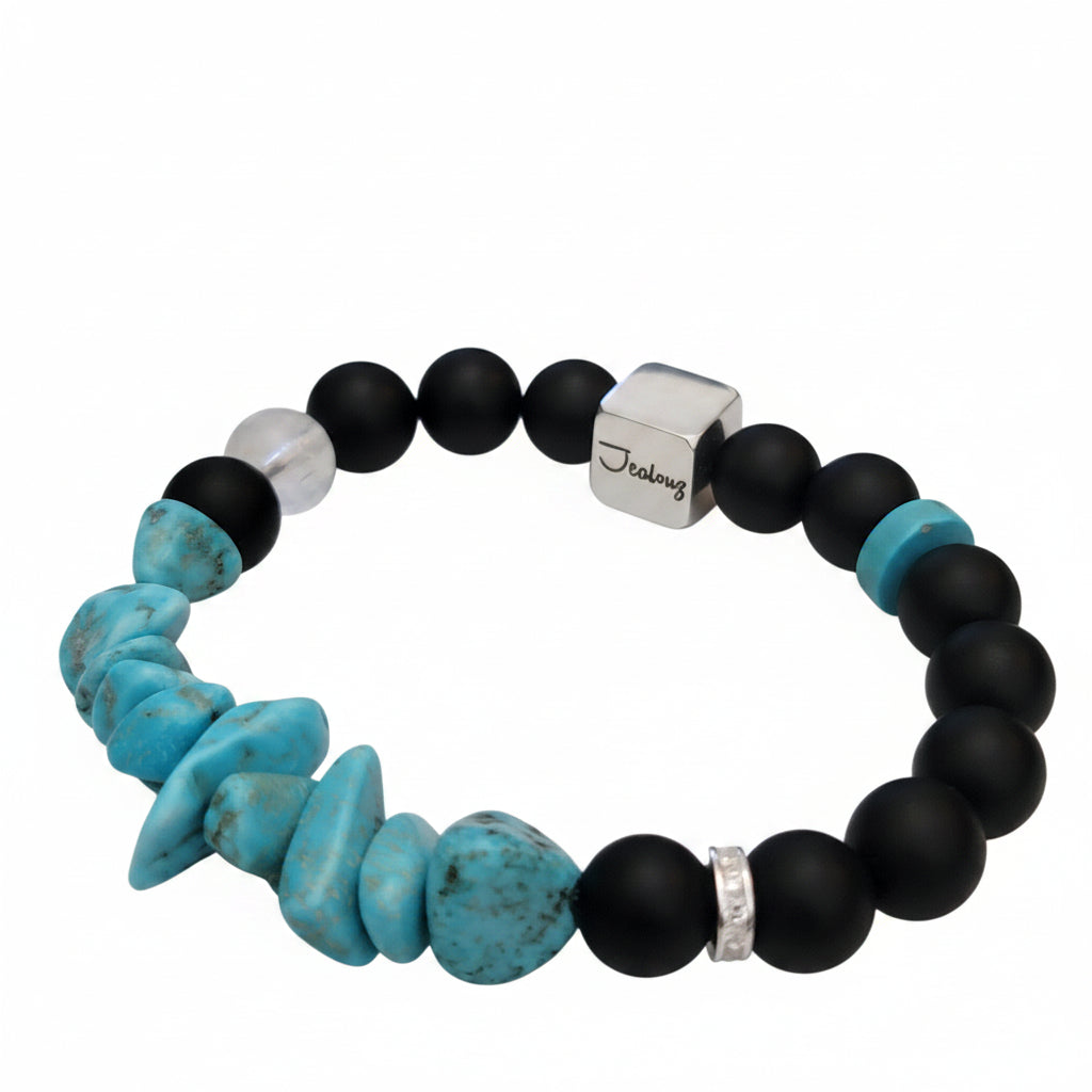 JealouzJewelry Sterling Silver Matte Black Onyx Turquoise Nugget Carved Quartz 10mm Gemstone Beaded Bracelet