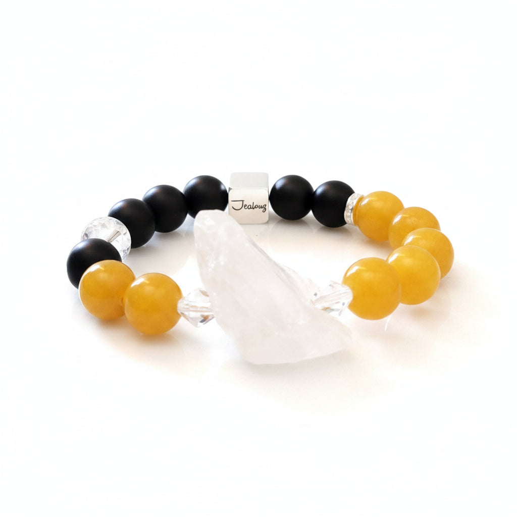 JealouzJewelry Sterling Silver Matte Black Onyx Malaysia Yellow Jade Quartz Nugget 12mm Gemstone Beaded Bracelet