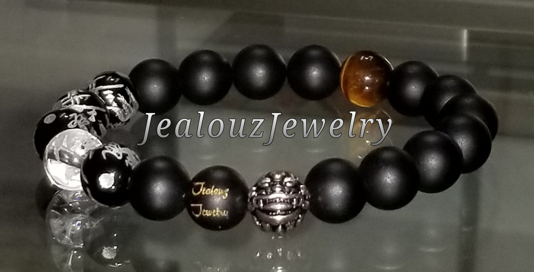 Matte Black Onyx Lucky Sterling Silver Dragon 10mm Gemstone Beaded Bracelet