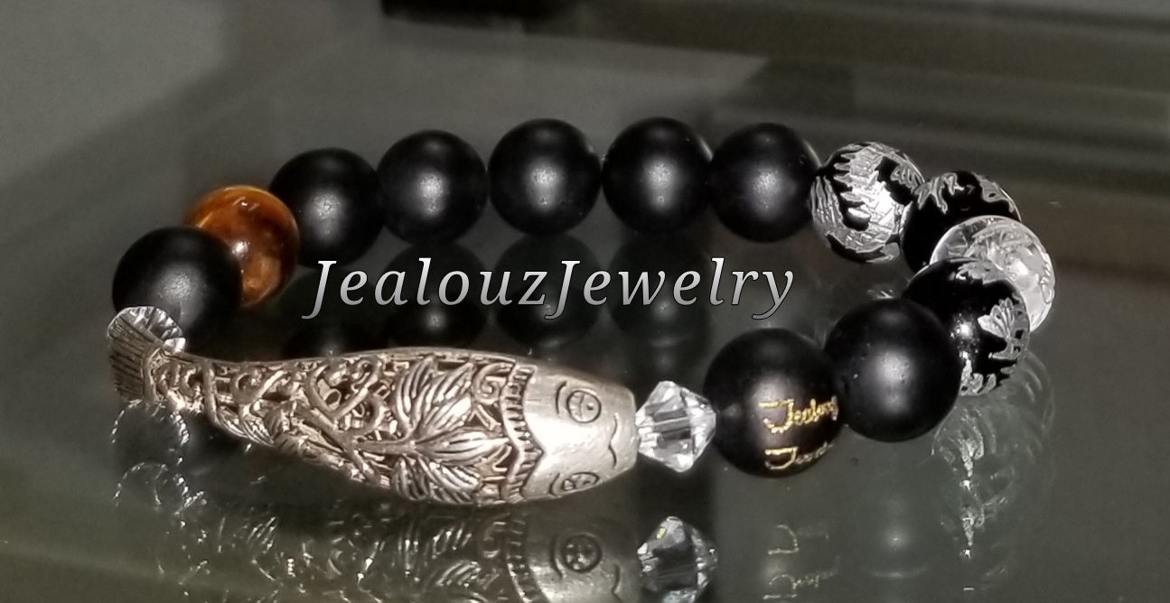 Lucky Koi Fish Protection Against Negative Energy Matte Black Onyx Gemstone Bracelet
