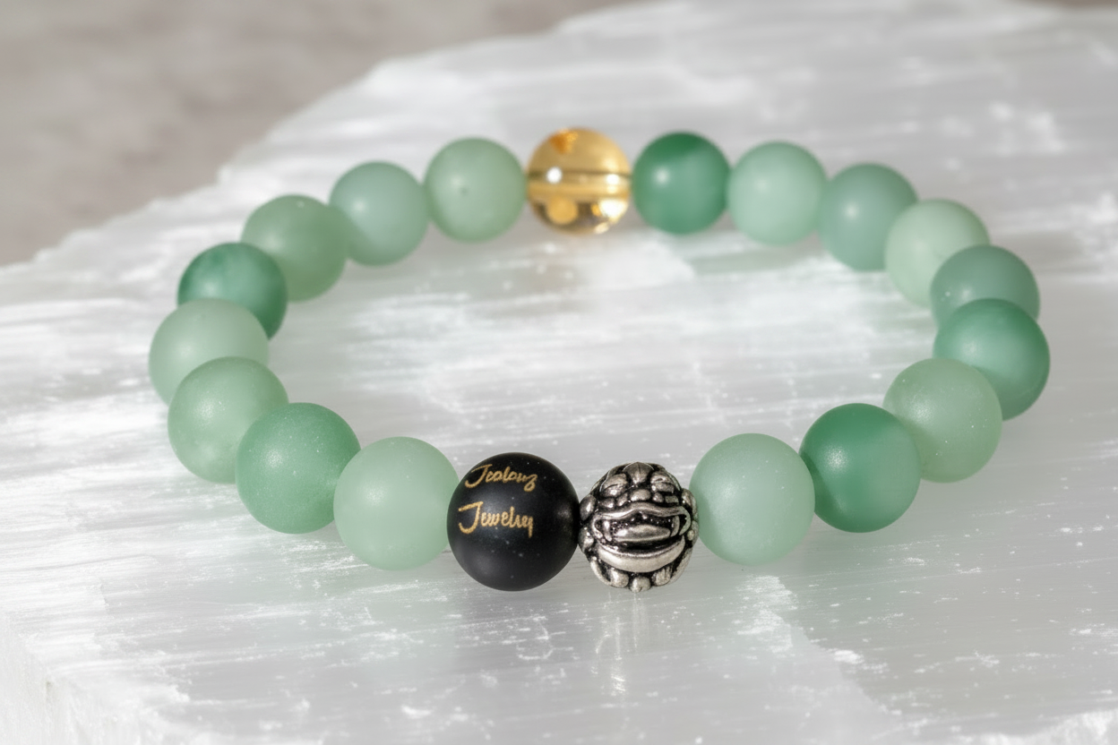 Classic Matte Green Jade Lucky Gold Dragon Gemstone Wealth Bracelet