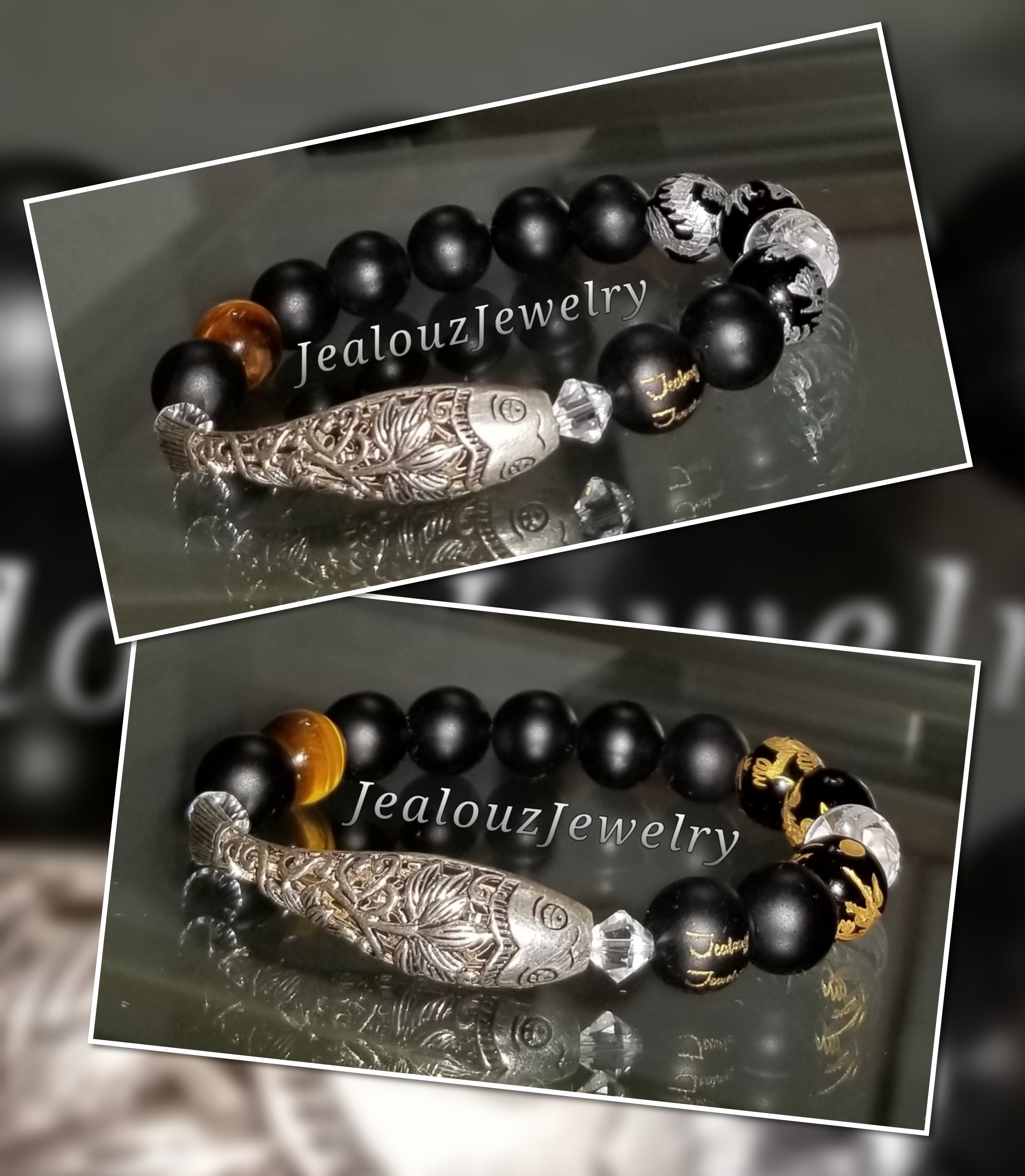 Lucky Koi Fish Protection Against Negative Energy Matte Black Onyx Gemstone Bracelet