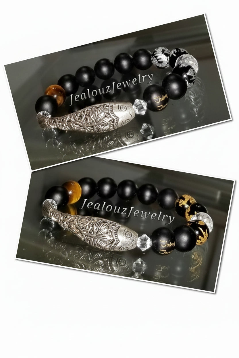 Lucky Koi Fish Protection Against Negative Energy Matte Black Onyx Gemstone Bracelet