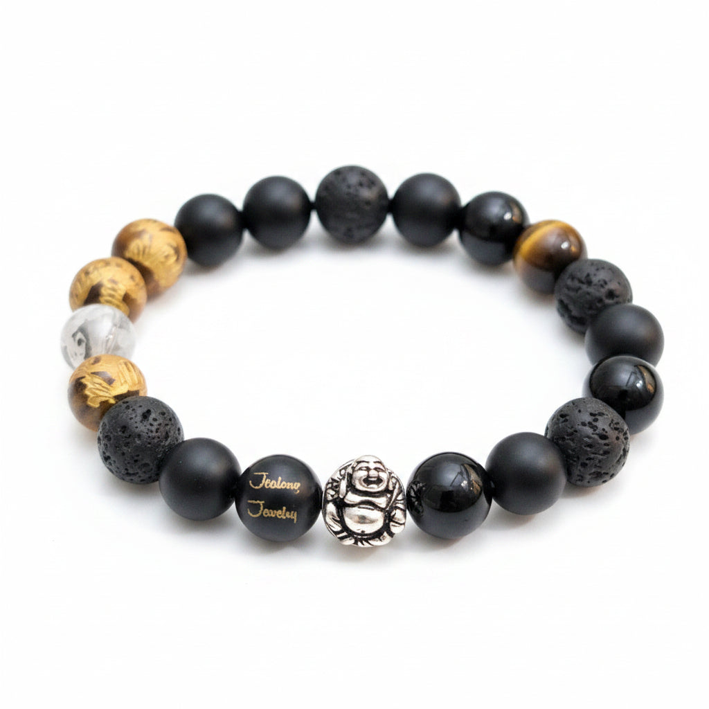Classic Lava Onyx Tiger Eye 10mm Lucky Laughing Buddha Sterling silver 7-inch bracelet
