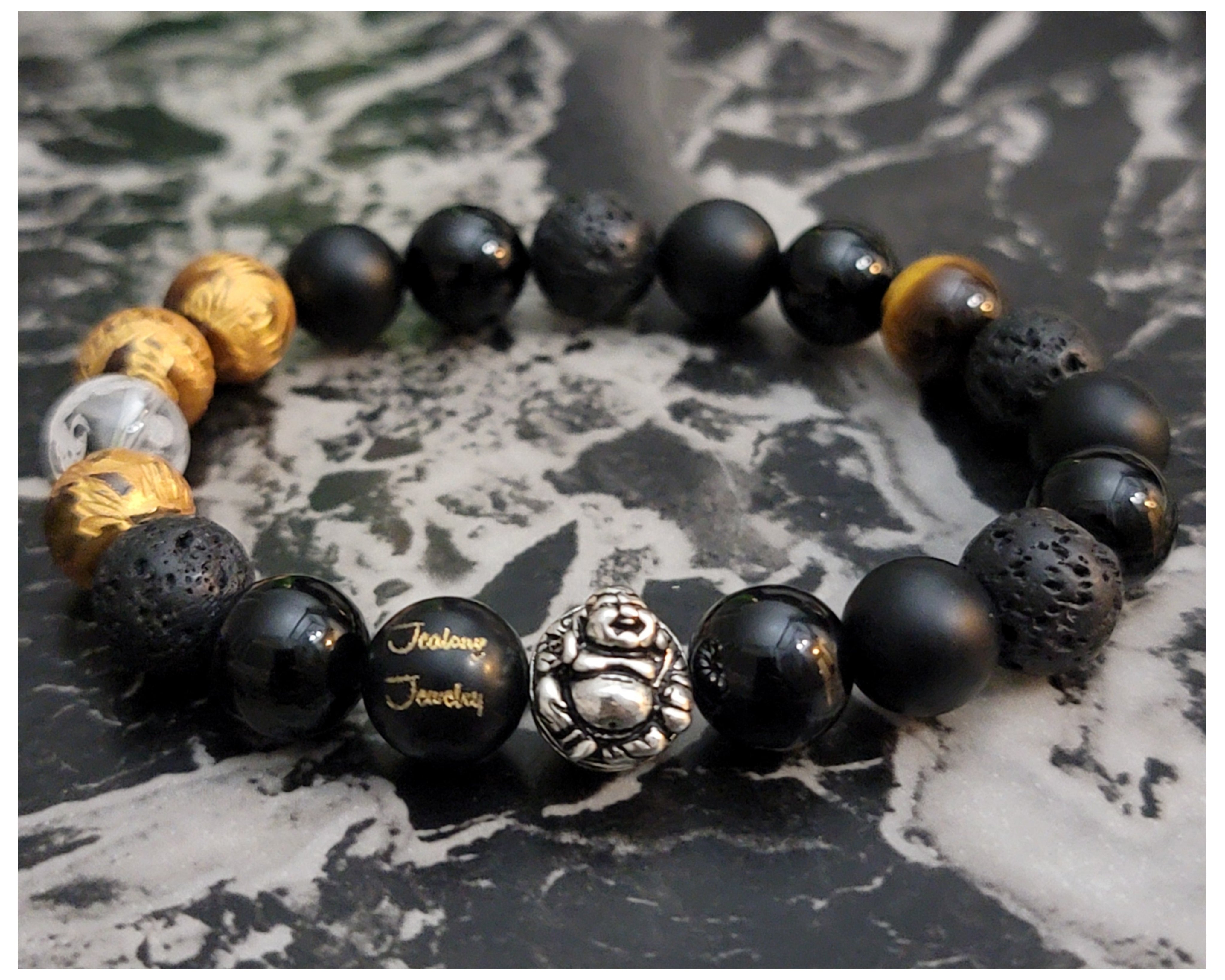 Classic Lava Onyx Tiger Eye 10mm Lucky Laughing Buddha Sterling silver 7-inch bracelet