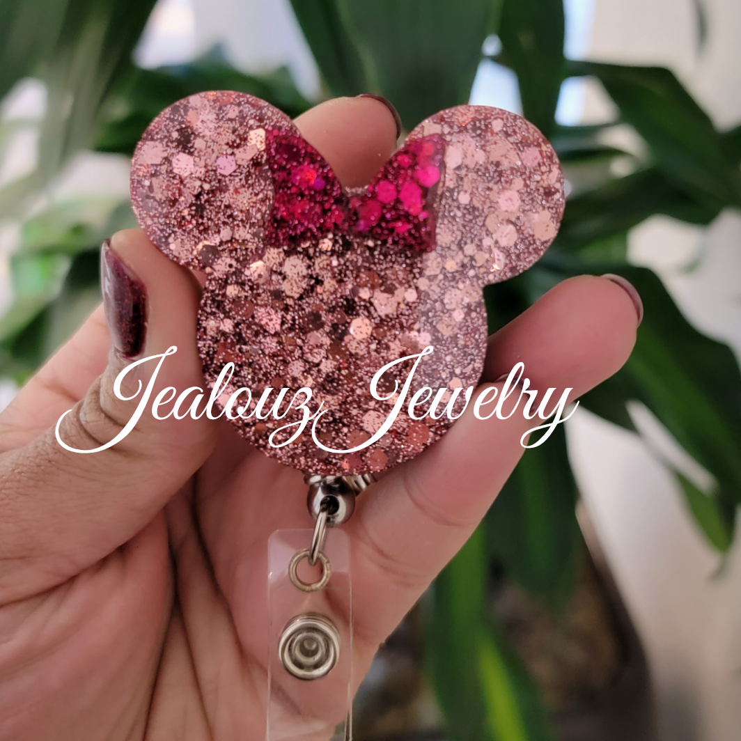 Magenta & Rose Gold Sparkly Chunky Glitter Mouse Head With Bow Heavy Duty Name ID Badge Reel Retractable Holder