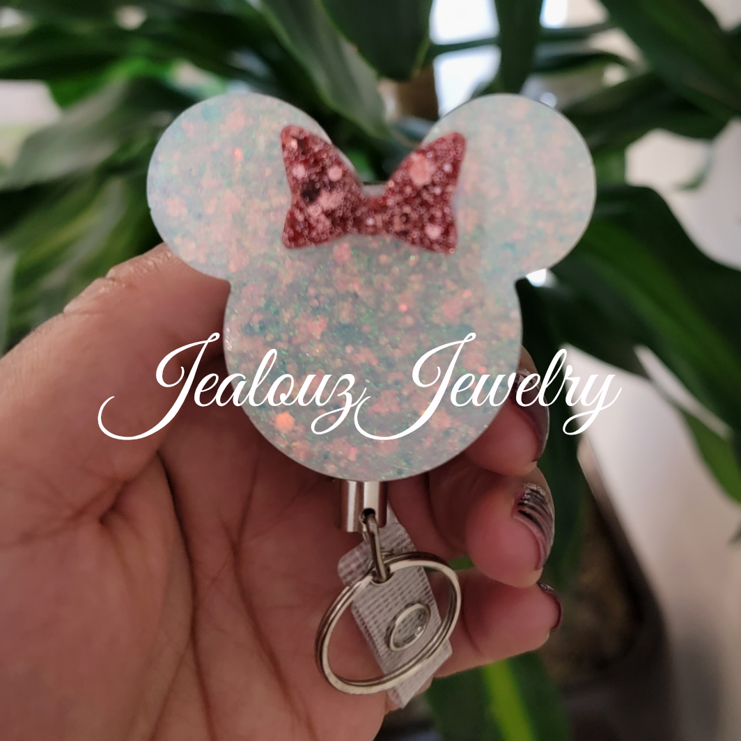 Rose Gold & White Opal Sparkly Glitter Heavy Duty ID Name Badge Reel Retractable Holder