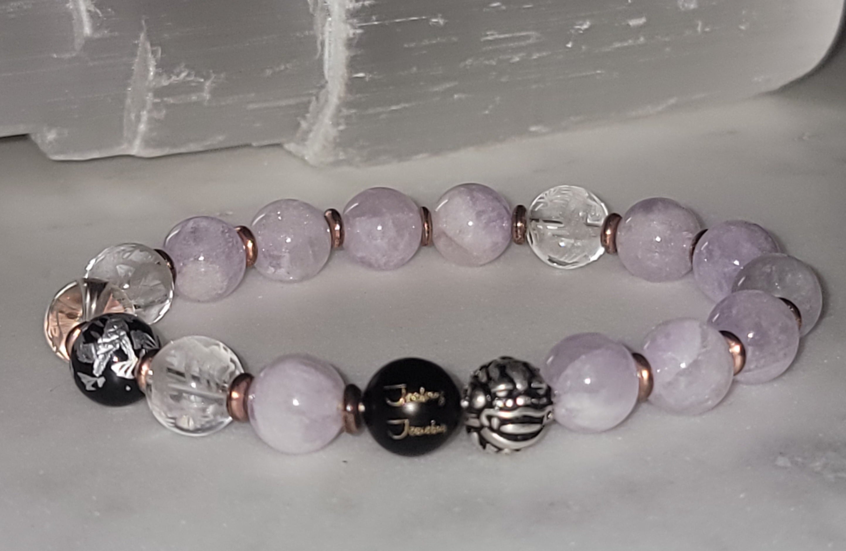 Classic Lavender Amethyst 10mm Gemstone Lucky Dragon Beaded Sterling Silver 7inch Bracelet