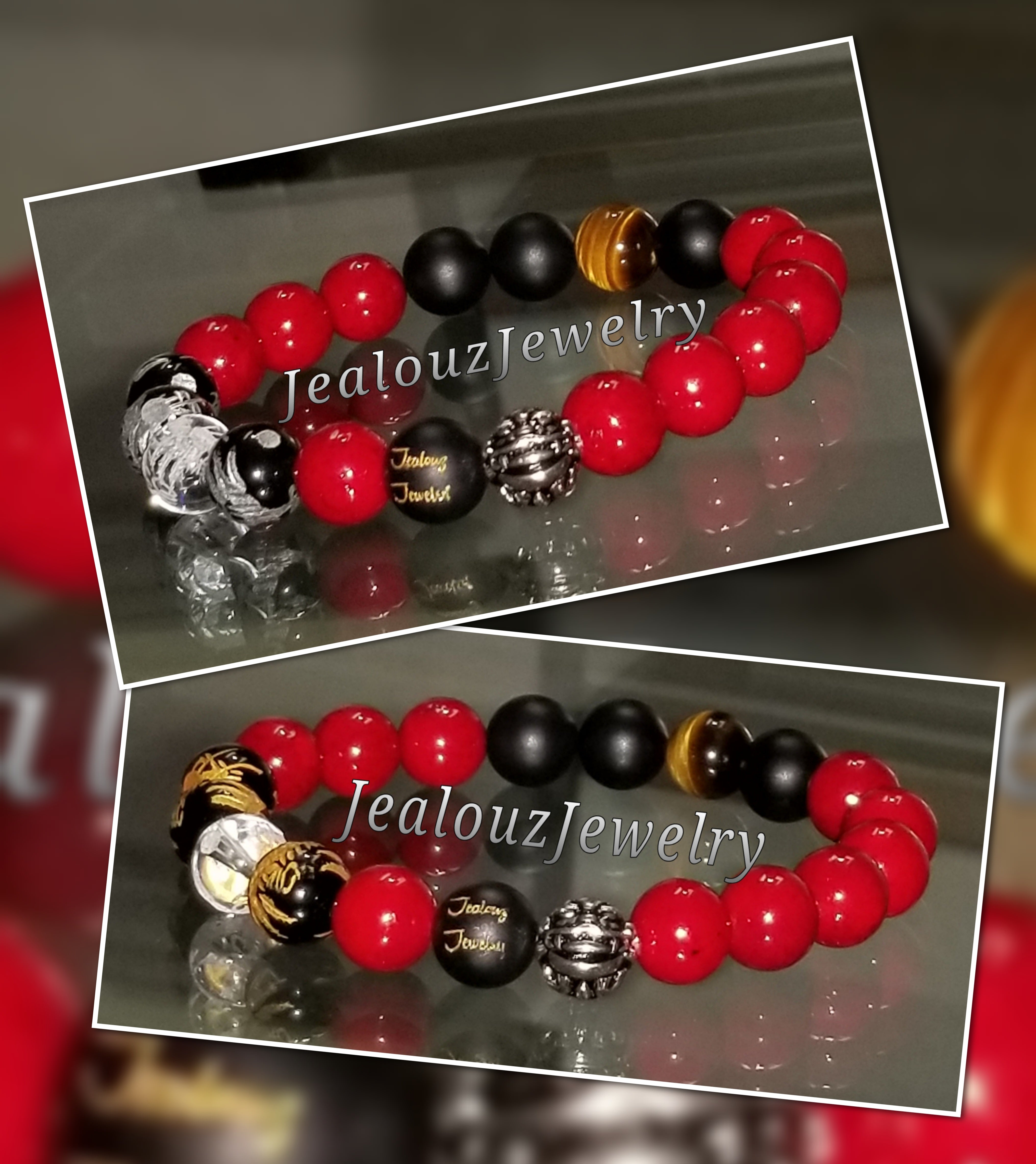 Red Riverstone Matte Black Onyx Lucky Gold Dragon Gemstone Bracelet