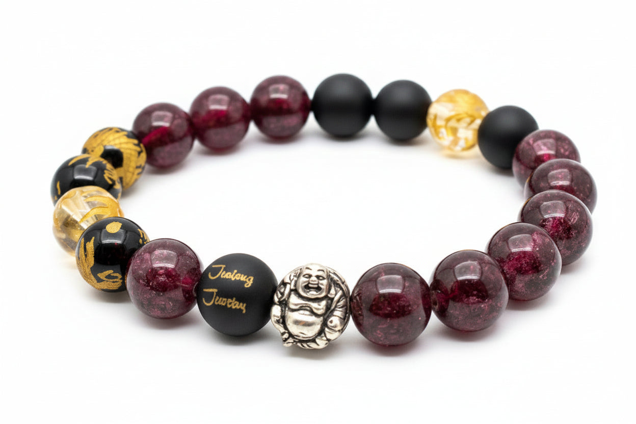 Classic Love Passion Energy & Courage Garnet Red Black Onyx Lucky Laughing Buddah Gemstone Bracelet