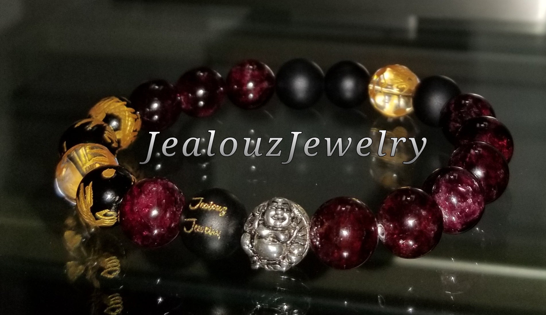 Classic Love Passion Energy & Courage Garnet Red Black Onyx Lucky Laughing Buddah Gemstone Bracelet